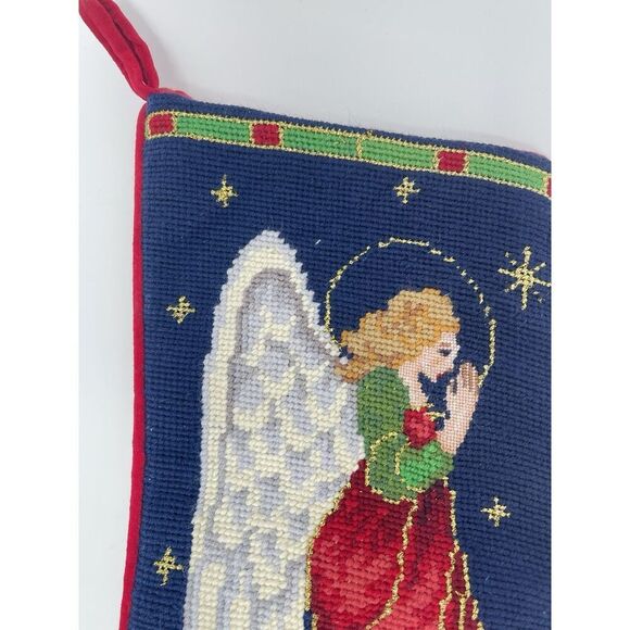 Vintage Needlepoint Christmas Stocking Angel Doves Blue Red Wool Velvet Back - Picture 4 of 8